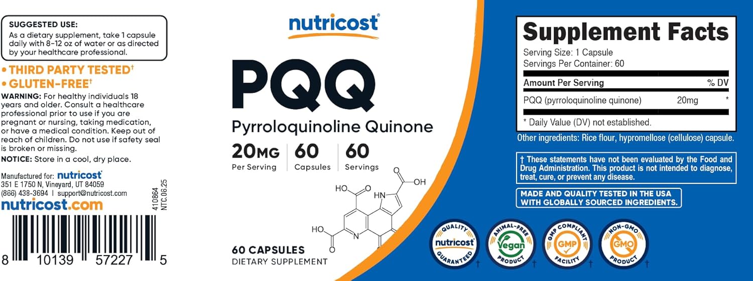 Nutricost PQQ (Pirroloquinolina Quinona) 20mg, 60 Cápsulas Vegetales