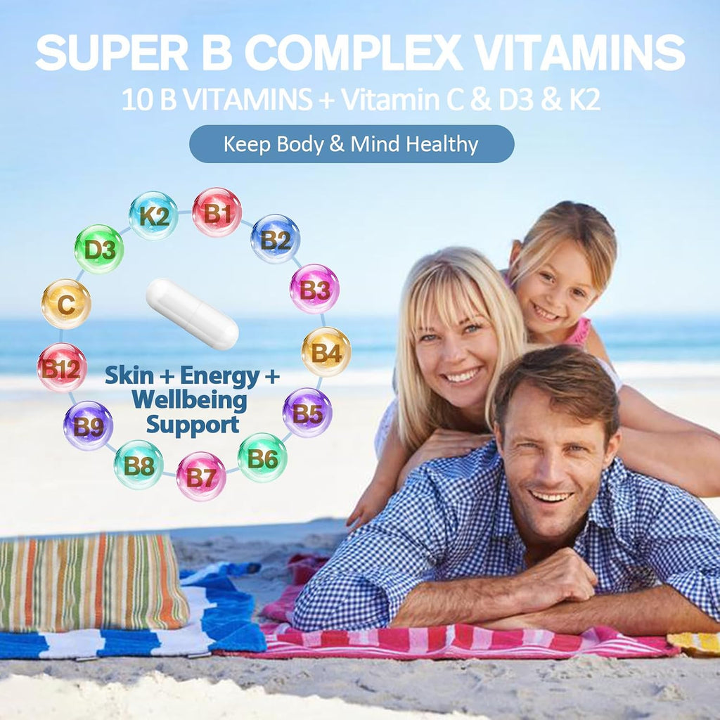 13-in-1 Vitamin B Complex Plus con Vitaminas B1, B2, B3, B4, B5, B6, B7, B8, B9, B12, C, D3, K2 - 120 Cápsulas por Frasco - 2 Frascos