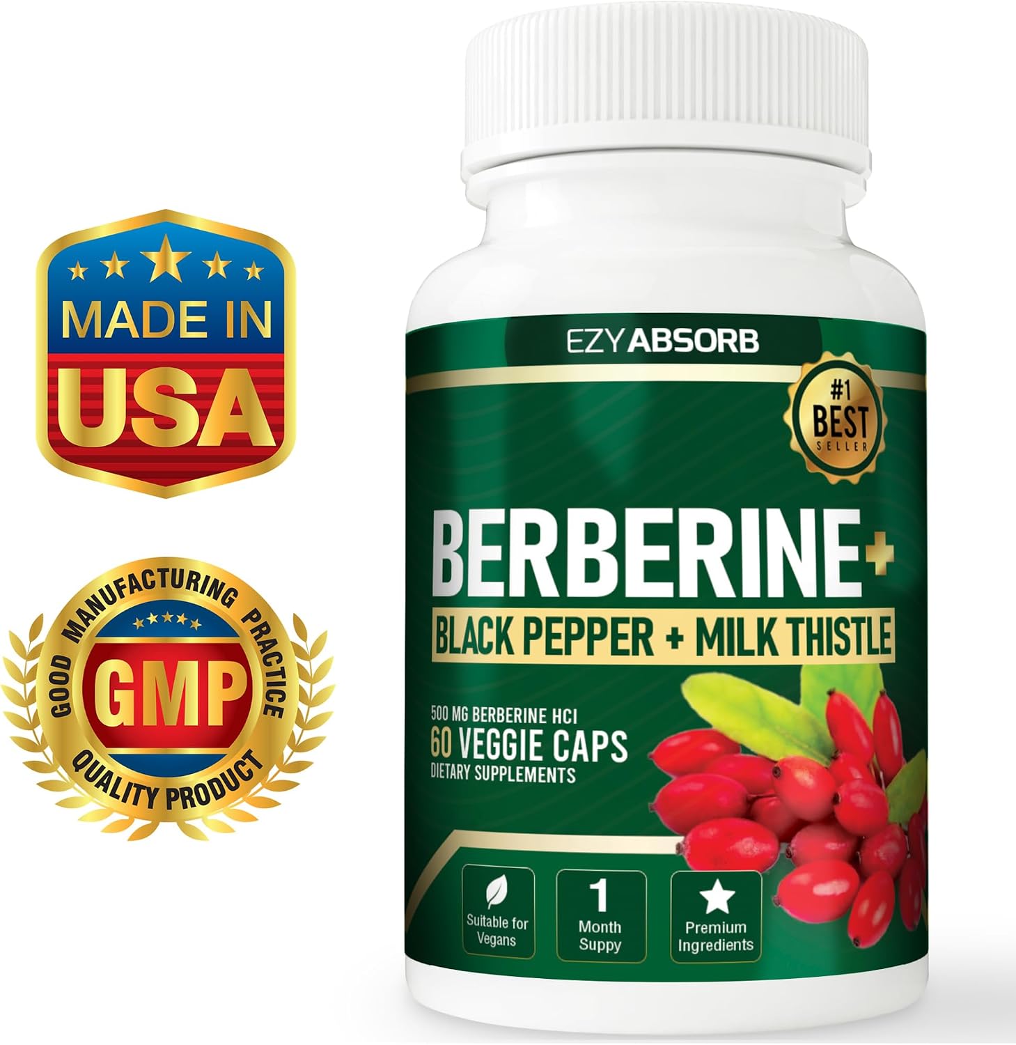 EzyAbsorb Berberina 500mg con LA-3 Activador Metabólico AMPK - 60 Cápsulas Vegetales