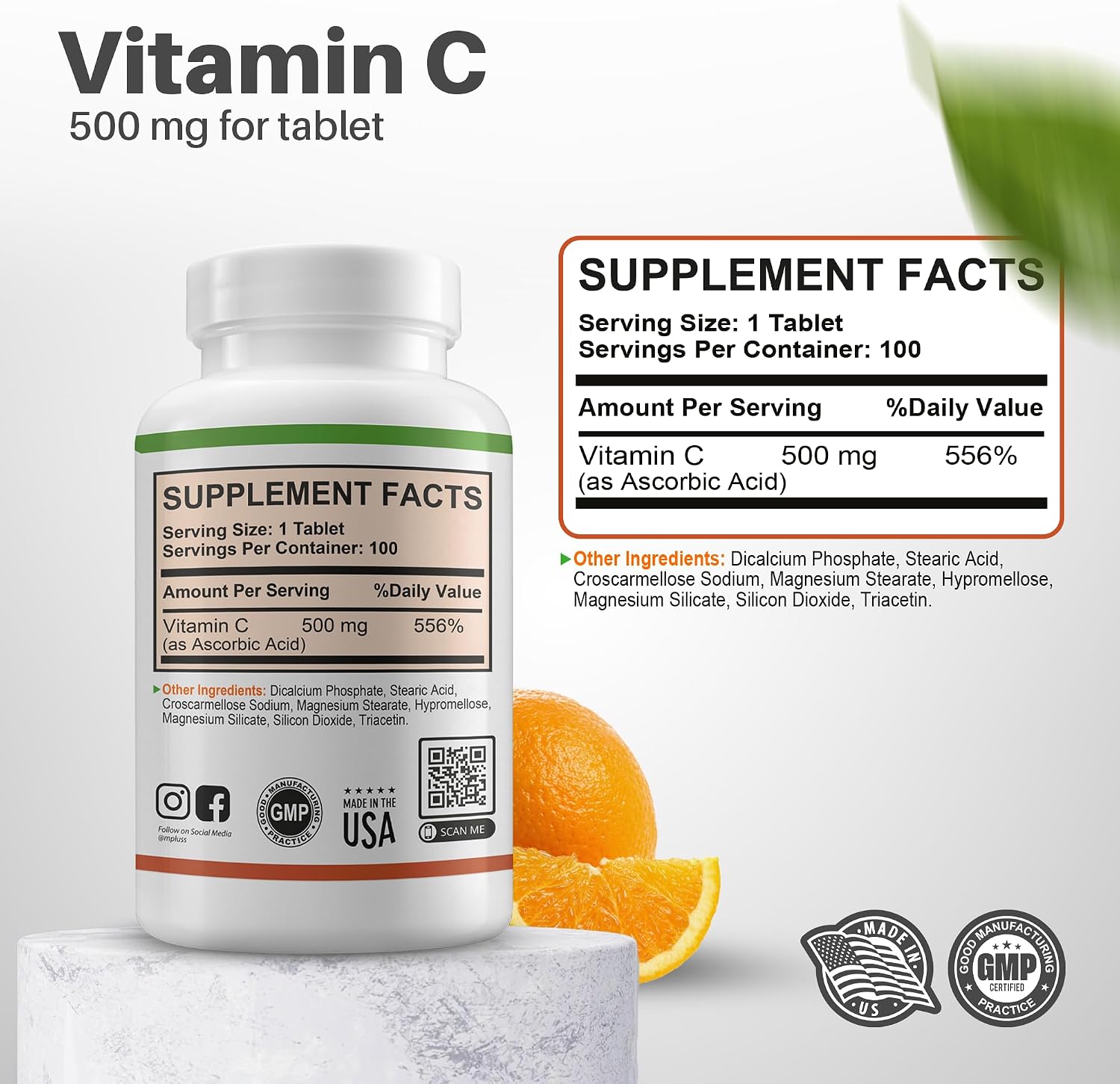 M+S Vitamina C 500 mg – 100 Comprimidos – Vegano, Sin Azúcar, Sabor Naranja