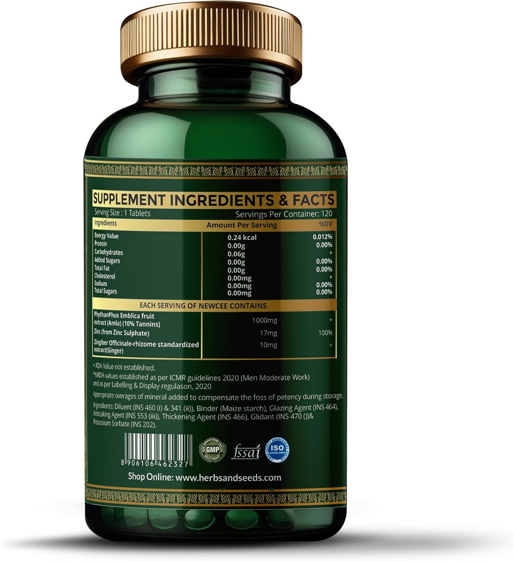 HERBS & SEEDS Vitamina C con Zinc – 1000 mg, 120 Comprimidos de Origen Vegetal