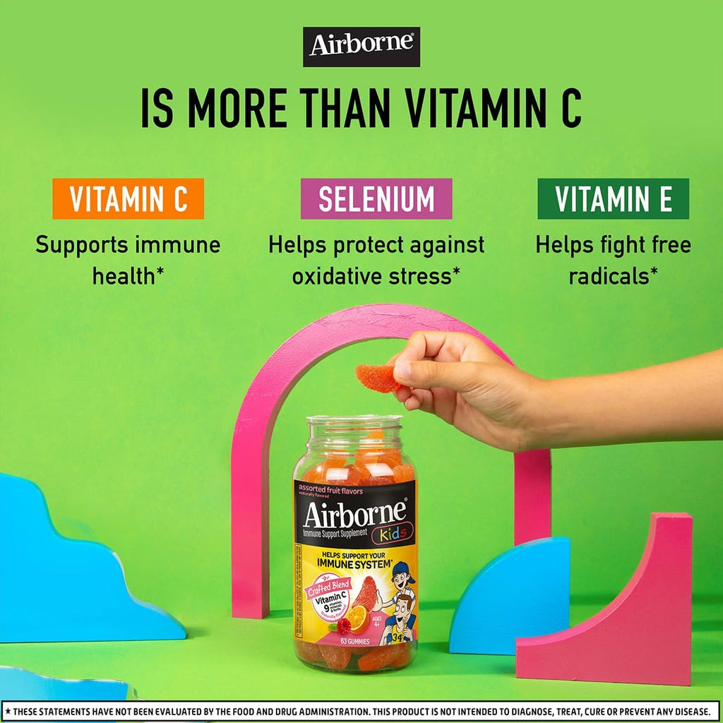 Airborne Gominolas de Vitamina C + Zinc para Niños, 500mg, Sabor Frutas Variadas, Sin Gluten, 126 Gominolas (2 Paquetes)