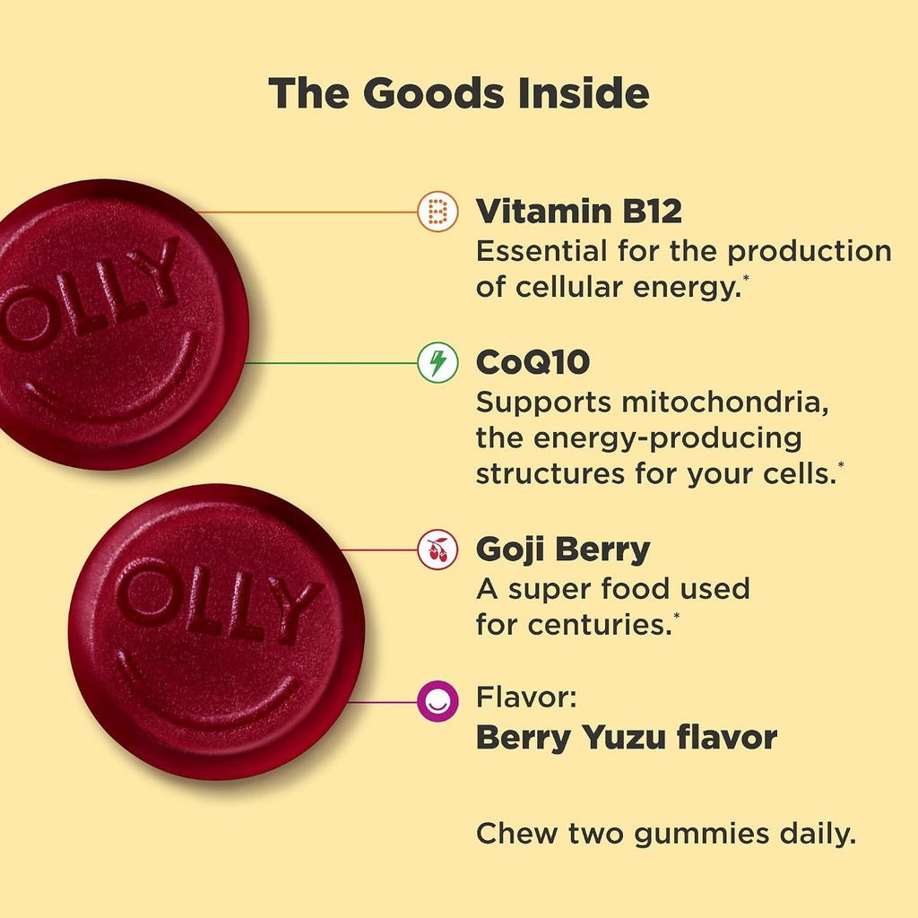 OLLY Extra Strength Daily Energy Gominolas de Vitamina B12, CoQ10 y Goji Berry - Sin Cafeína - 60 Gominolas Sabor Berry Yuzu