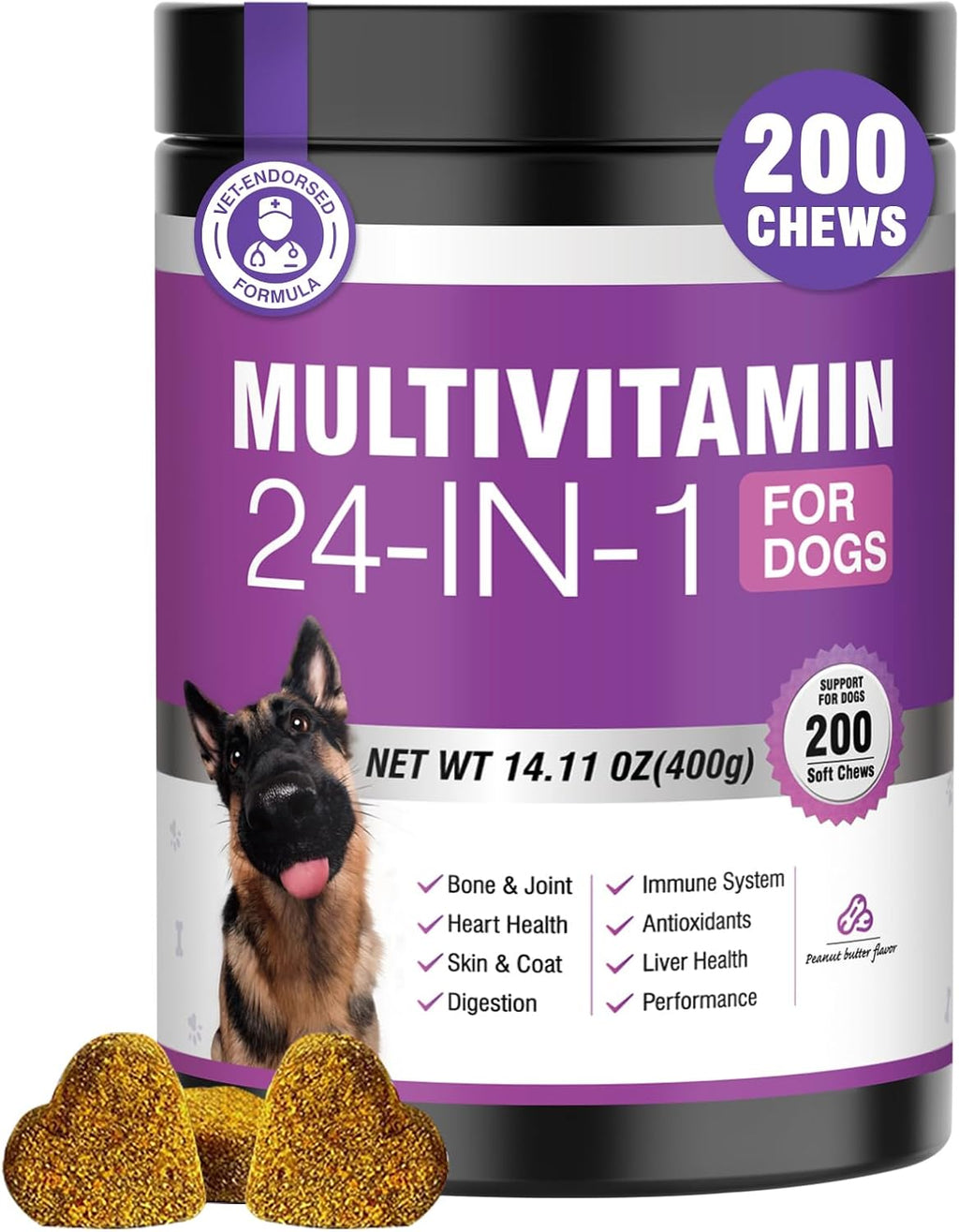 24 en 1 Vitaminas y Suplementos para Perros 200 Comprimidos Masticables con Condroitina, Probióticos, Omega-3, Glucosamina – Sabor Pollo