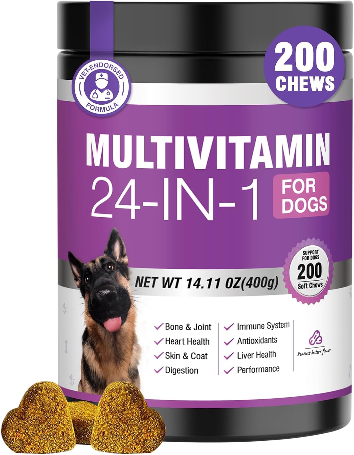 24 en 1 Vitaminas y Suplementos para Perros 200 Comprimidos Masticables con Condroitina, Probióticos, Omega-3, Glucosamina – Sabor Pollo