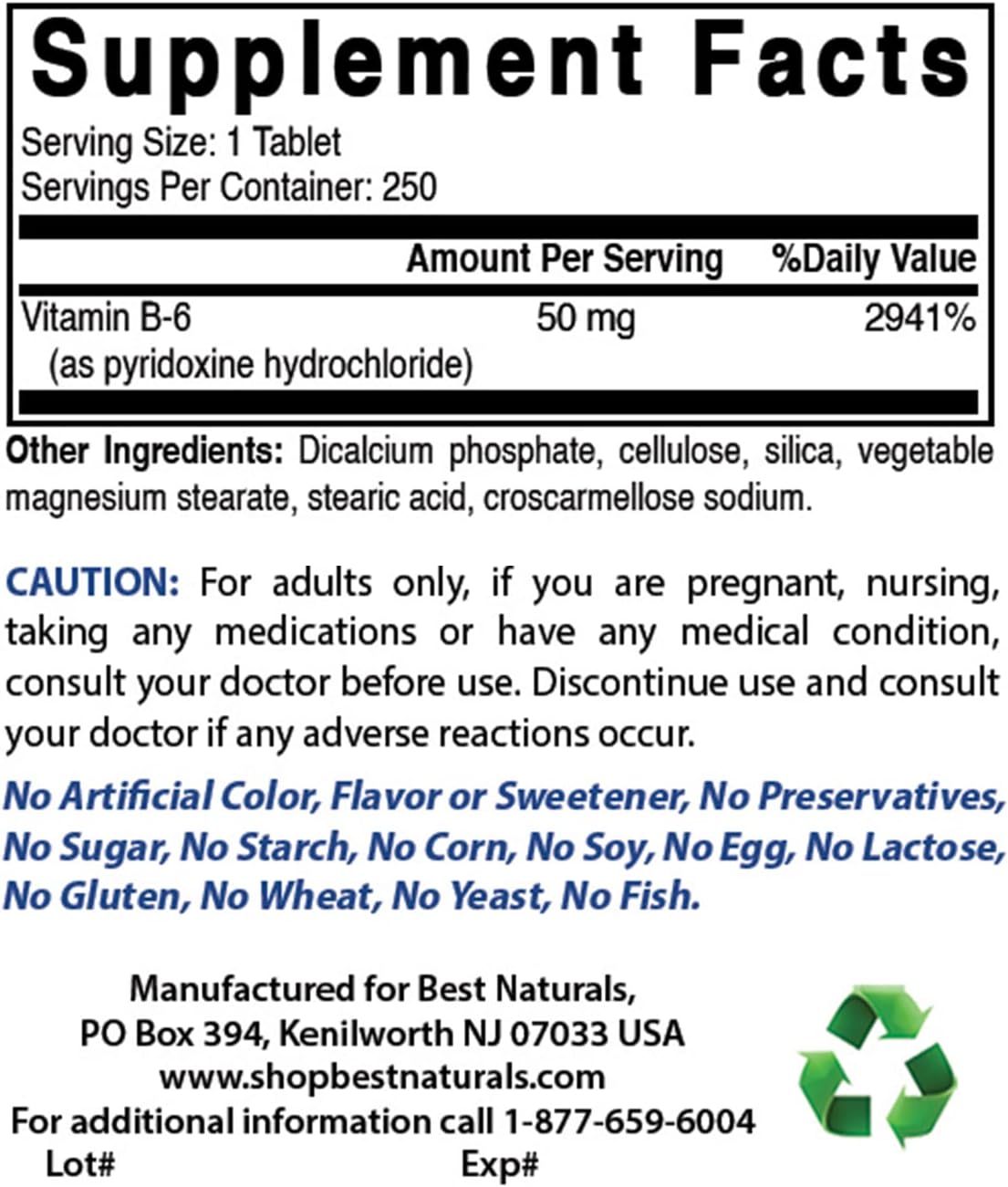 Best Naturals Vitamina B6 50 mg - 250 Comprimidos (Pack de 3)