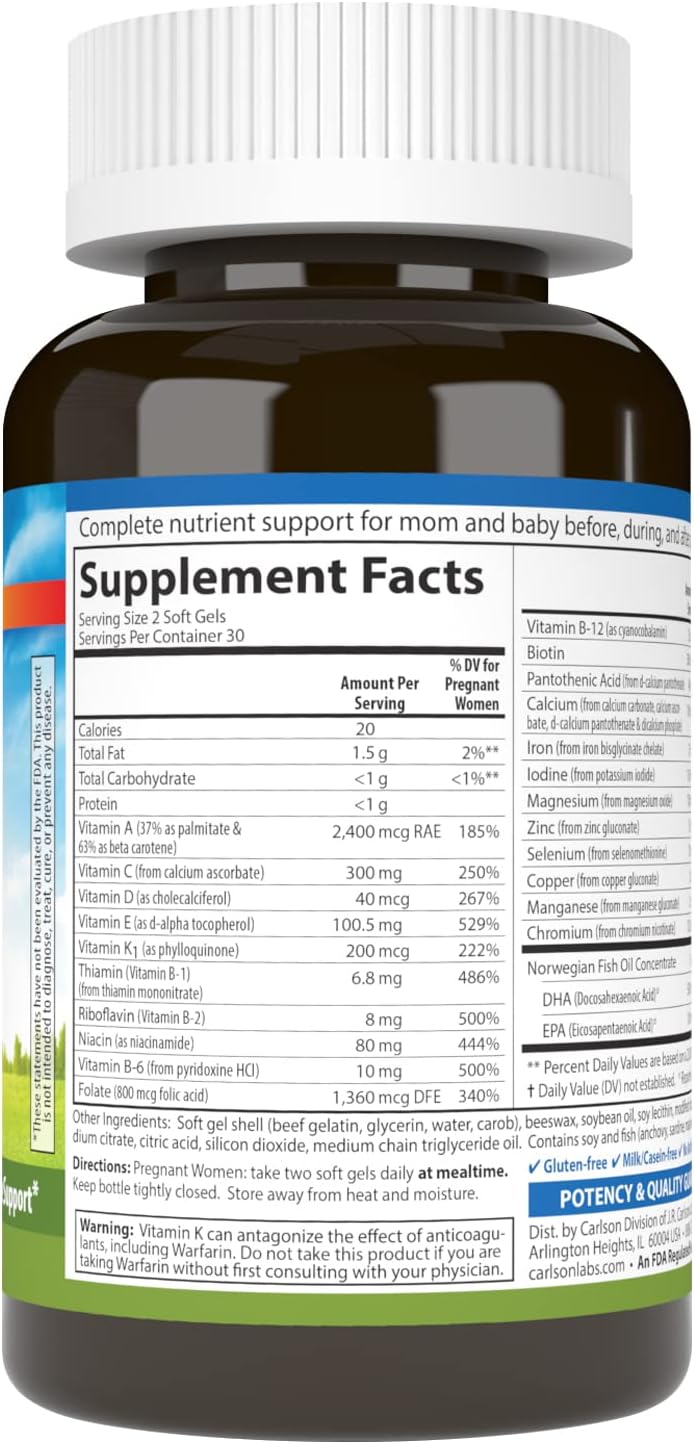 Carlson Prenatal, Multivitamínico con DHA y Vitamina D3, 60 Cápsulas Blandas