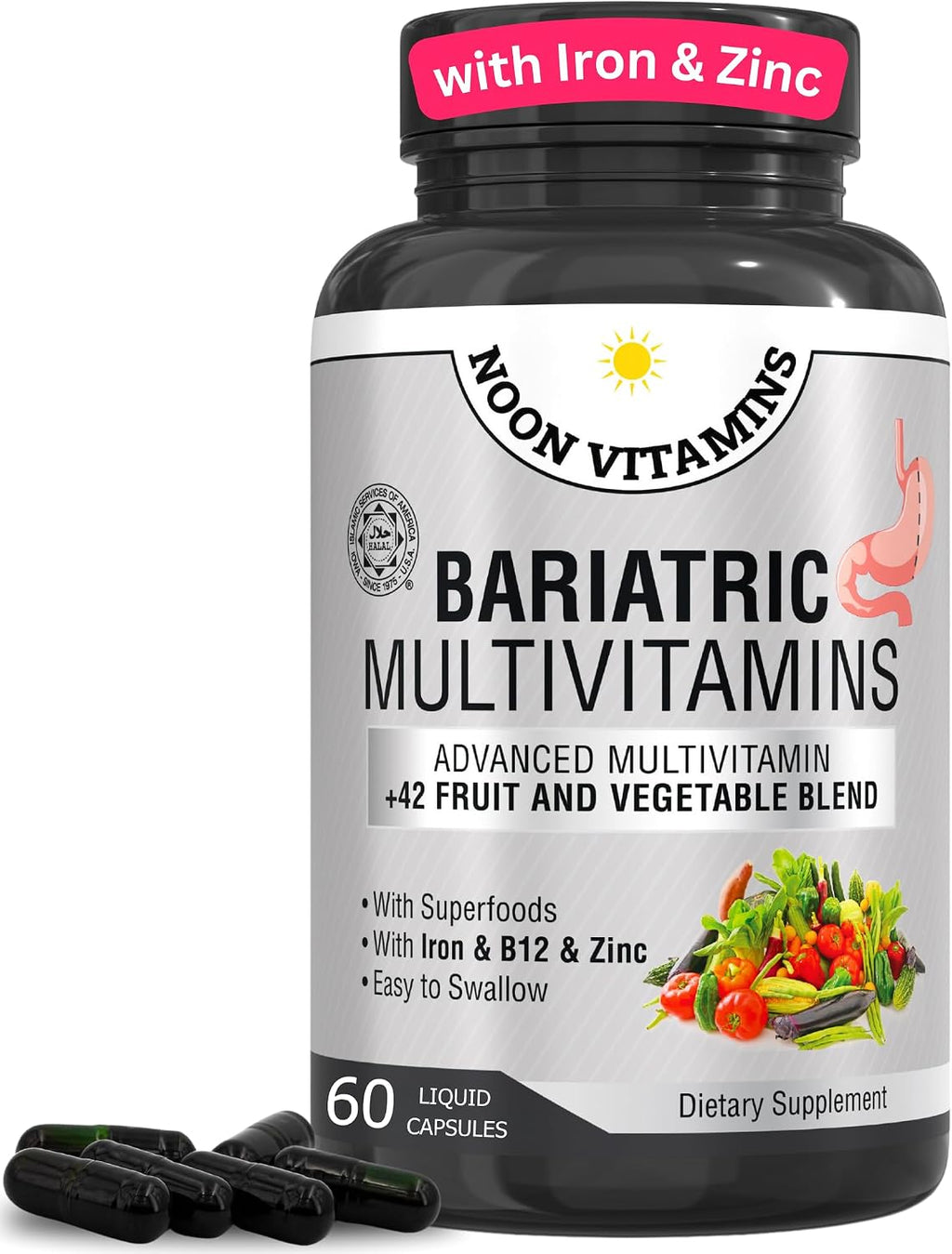 NOON VITAMINS Multivitamínico bariátrico con hierro – 60 cápsulas líquidas