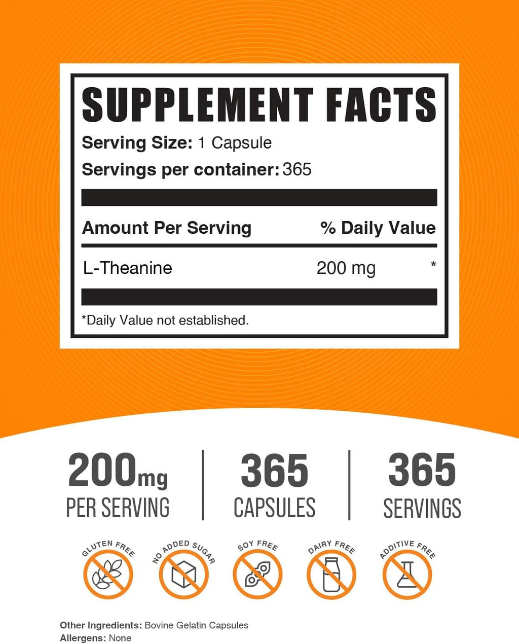 BulkSupplements L-Teanina 200mg Cápsulas - 365 Cápsulas