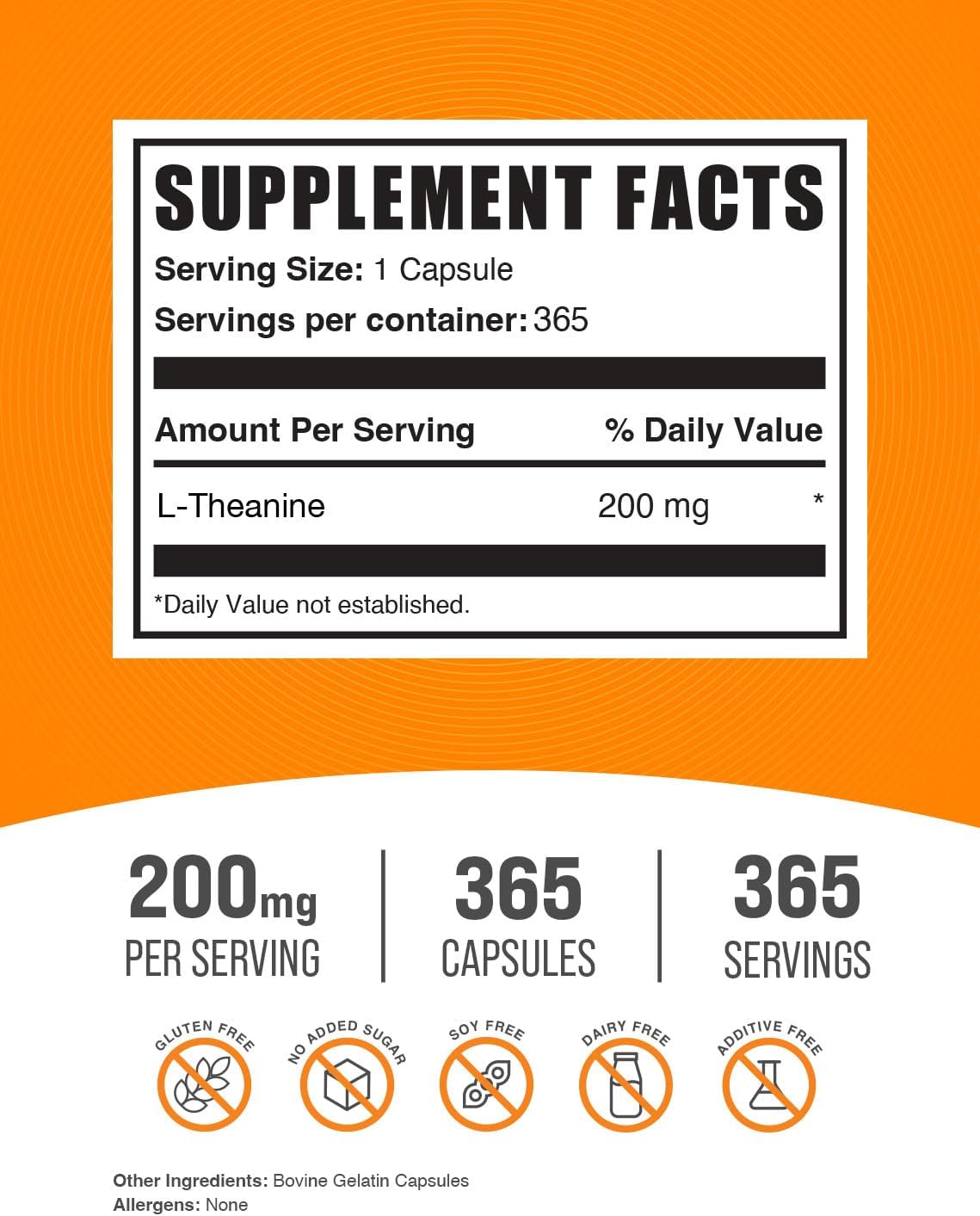 BulkSupplements L-Teanina 200mg Cápsulas - 365 Cápsulas