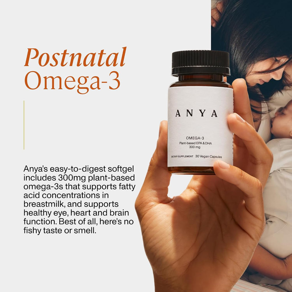ANYA Omega 3 con 300mg de DHA y EPA, Ingredientes Limpios, Sin OGM, 100% Vegano, Sin Gluten, Soja ni Lácteos. Suplemento para Mujeres, Vitamina Prenatal y Postnatal para Apoyo en Lactancia