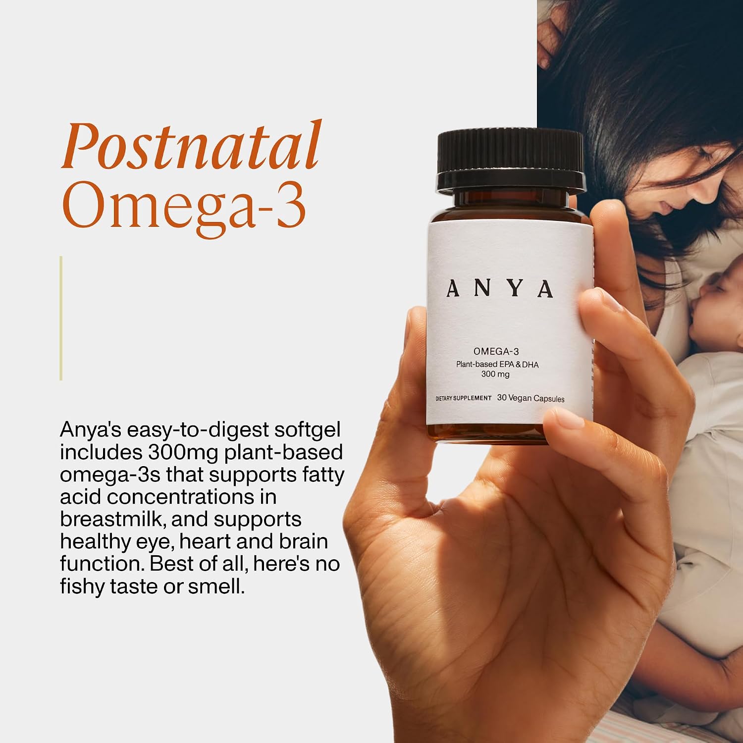 ANYA Omega 3 con 300mg de DHA y EPA, Ingredientes Limpios, Sin OGM, 100% Vegano, Sin Gluten, Soja ni Lácteos. Suplemento para Mujeres, Vitamina Prenatal y Postnatal para Apoyo en Lactancia