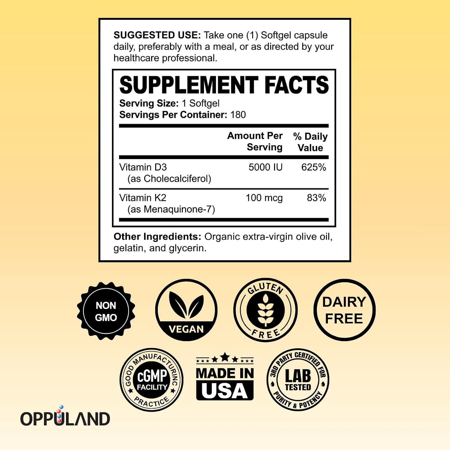 Oppuland Vitamina D3 + K2 5000 UI - Tecnología Liposomal - MK-7 Vitamina K2 100 mcg - Complemento para Huesos y Metabolismo del Calcio - 180 Cápsulas Blandas
