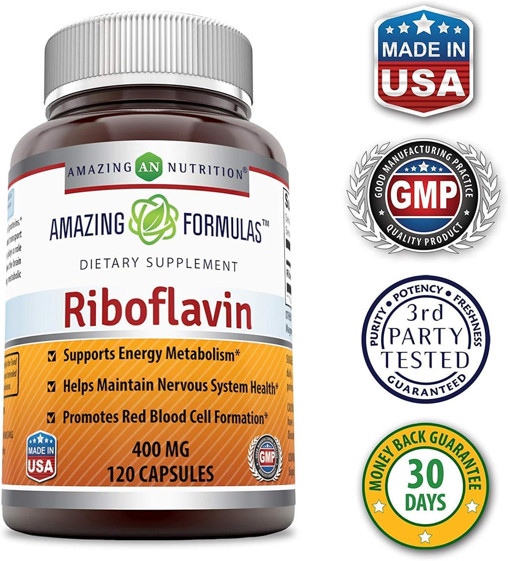 Amazing Formulas Riboflavina 400 mg – 240 Cápsulas – Suplemento de Vitamina B2, Sin OGM, Sin Gluten