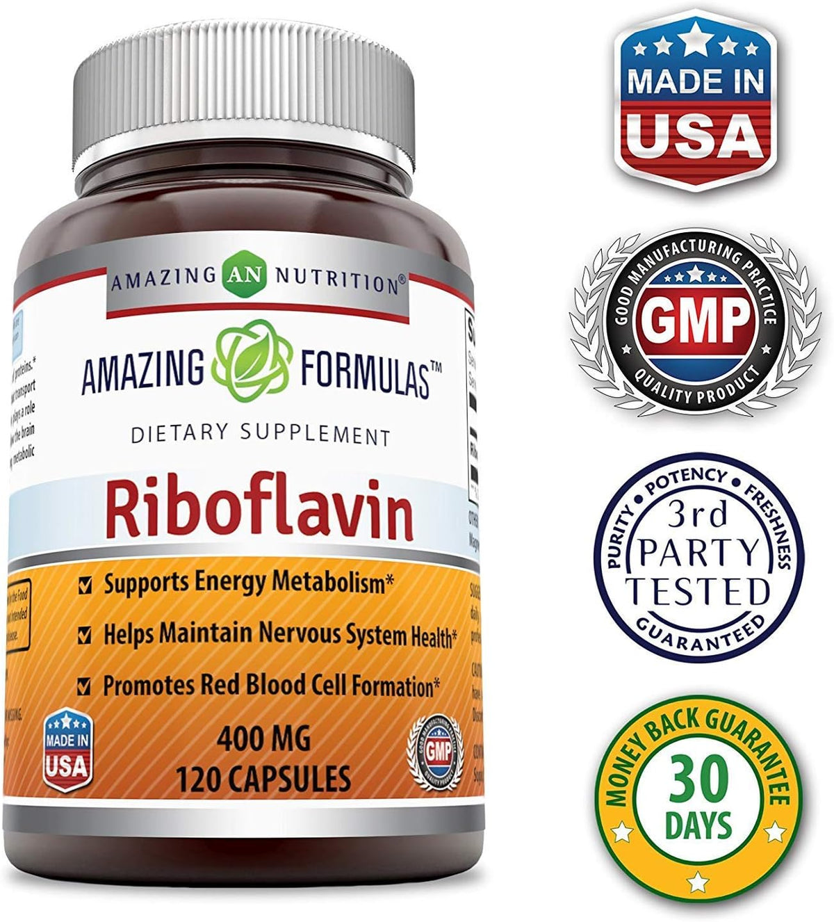 Amazing Formulas Riboflavina 400 mg – 240 – Funcionamiento normal del sistema nervioso: Participa en la síntesis – Image 2
