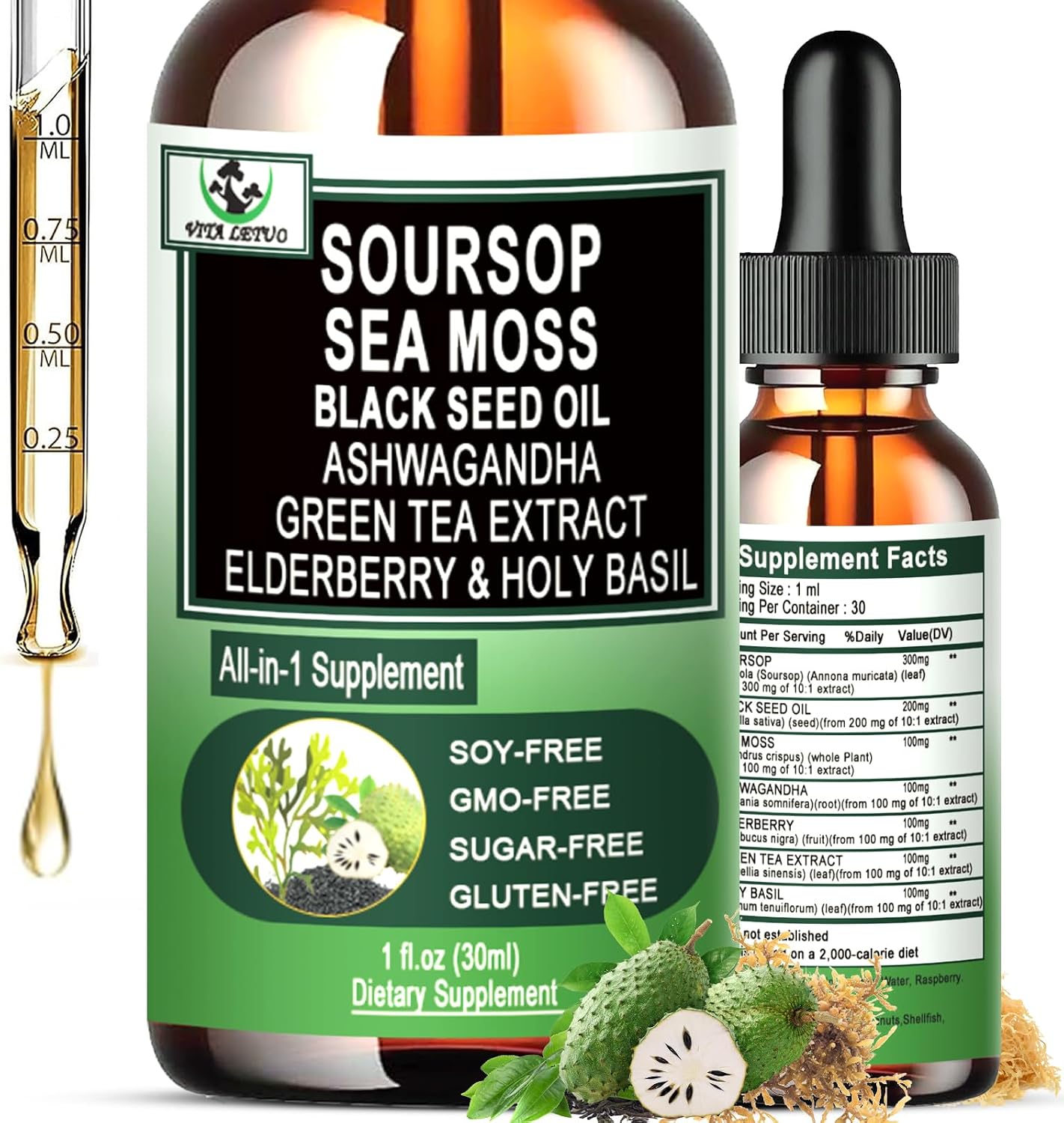 Vita letuo Soursop Drops - Suplemento Líquido Multivitamínico y Mineral con Soursop, Sea Moss, Black Seed Oil, Ashwagandha y Más (30 Dosis)