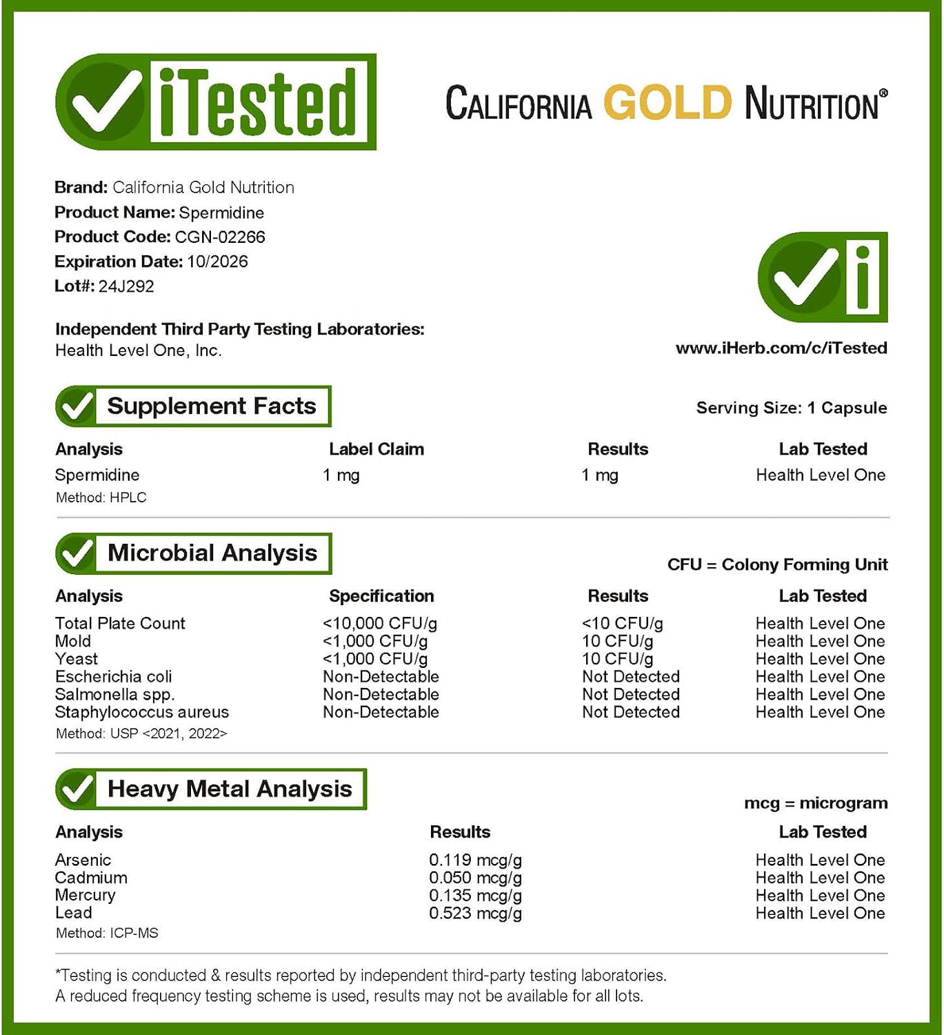 California Gold Nutrition Spermidina, Extracto de Germen de Arroz, 1 mg, 30 Cápsulas Vegetales