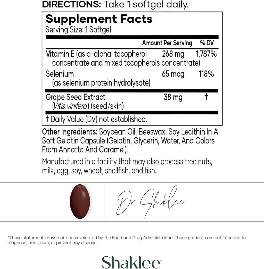 Shaklee Vita-E 400 UI con Selenio y Extracto de Semilla de Uva - 90 Cápsulas Blandas