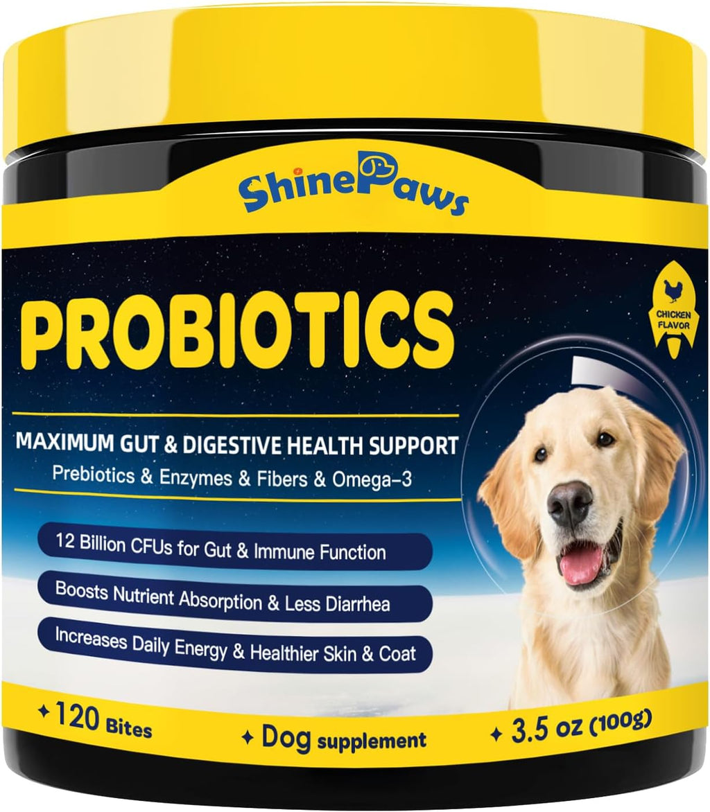 Probióticos para Perros SHINEPAWS - Salud Digestiva, Prebióticos, Enzimas, Fibra y Omega-3, 120 Masticables