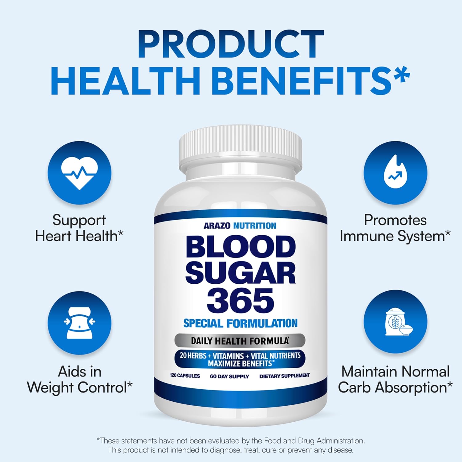 Arazo Nutrition Blood Sugar 365 – Energy Metabolism Support – 120 Vegan Capsules (60-Day Supply)