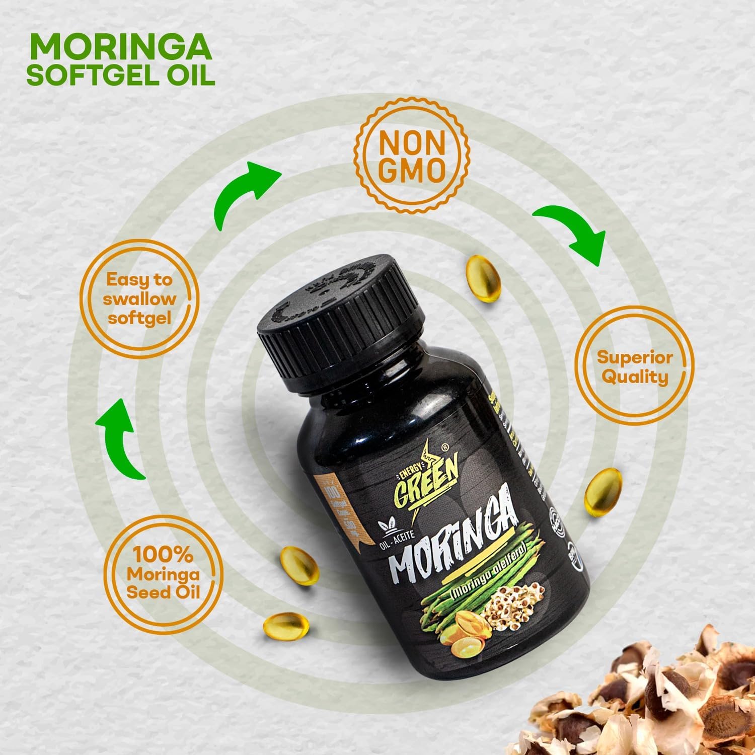 Aceite de Semillas de Moringa en Cápsulas Blandas, 100% Puro, Prensado en Frío, Vegano, No-GMO, 1000mg por Dosis – 100 Cápsulas