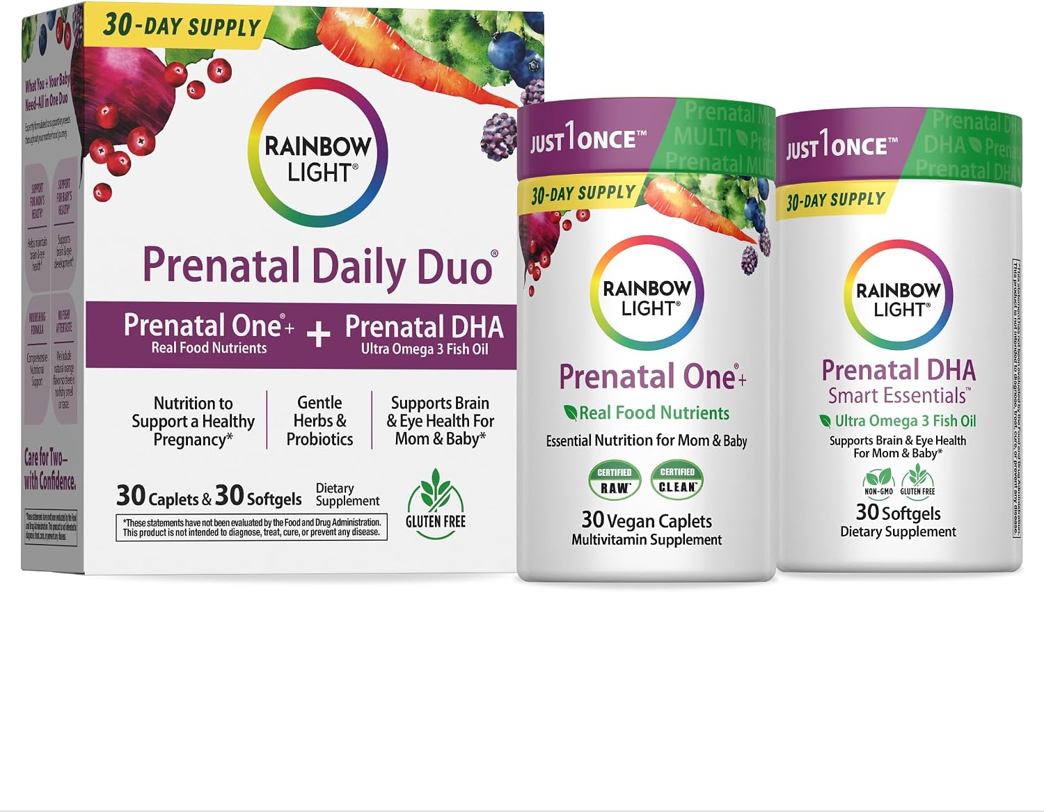 Rainbow Light Prenatal DHA Vitaminas - 30 Comprimidos y 30 Cápsulas Blandas - Omega-3 (DHA y EPA) para Apoyo Materno e Infantil