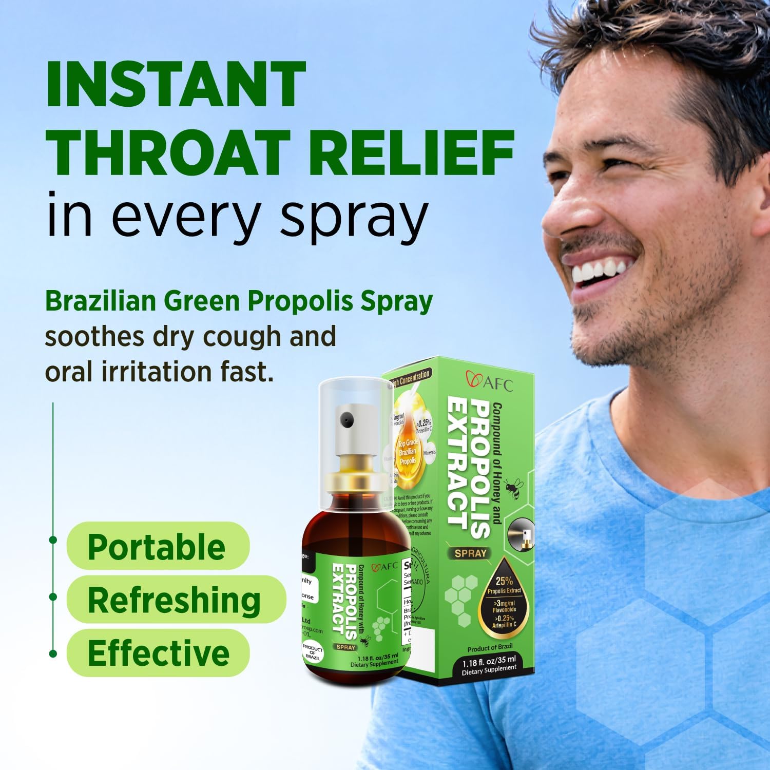 AFC Japan Brazilian Green Propolis Extract Throat Spray with Honey - 1.0 oz (30 ml) - 300+ Sprays