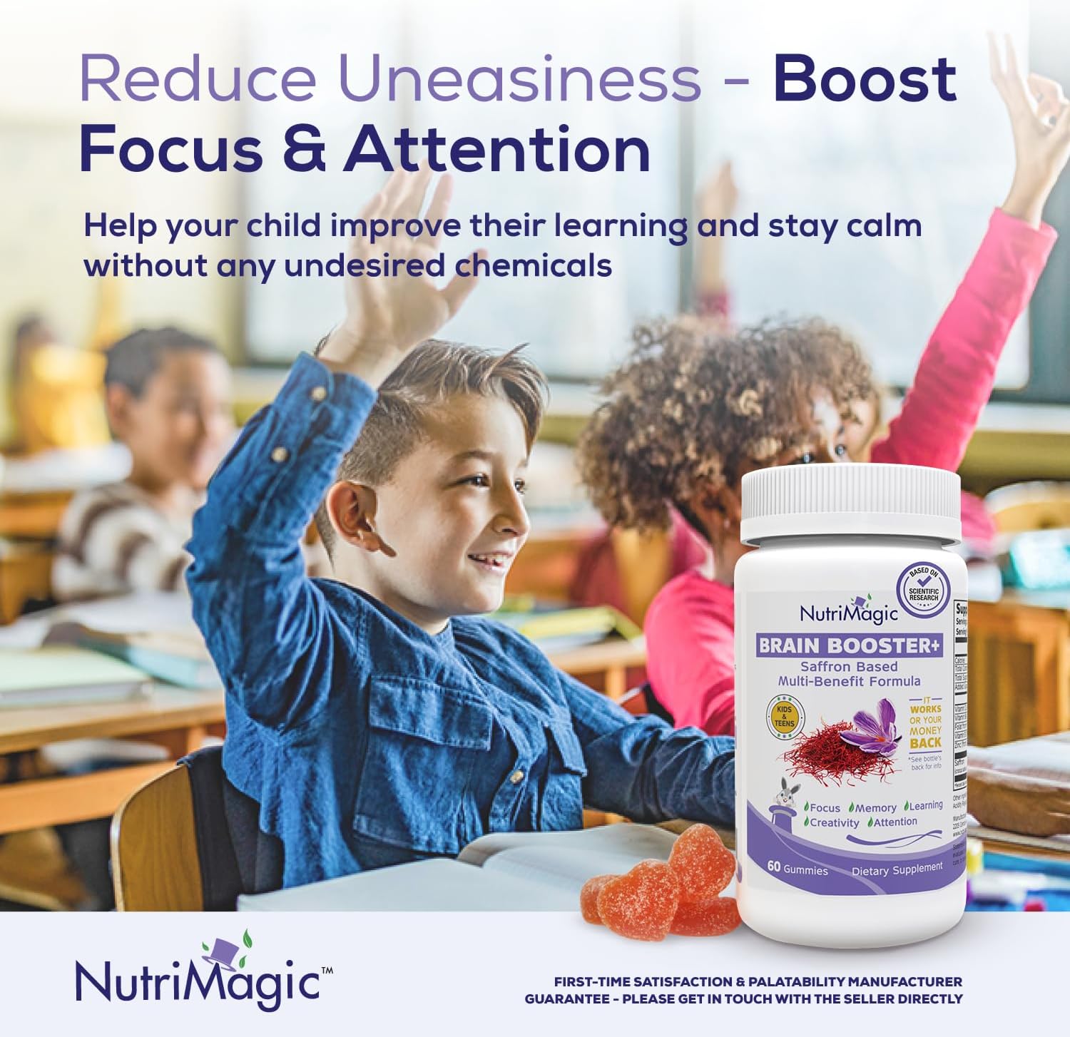 NutriMagic Kids Brain Booster+ Gominolas de Extracto Puro de Azafrán con Multivitaminas D3, B6, B12 y Zinc - 30 unidades