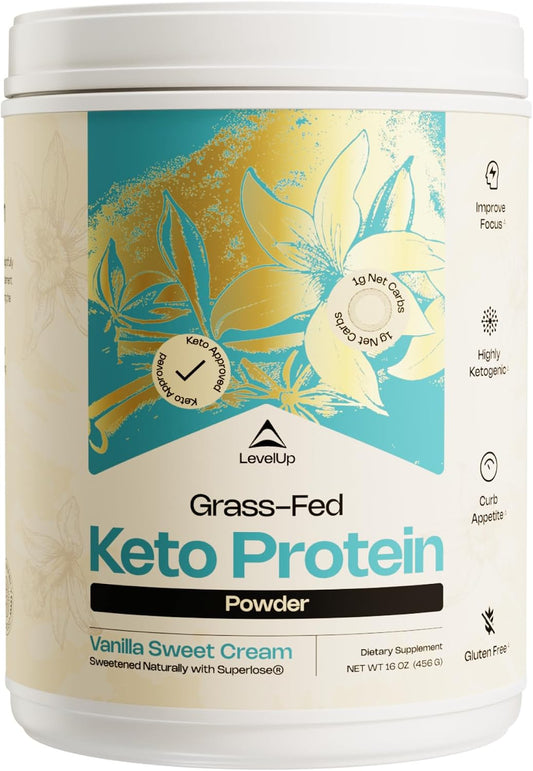 LevelUp Keto Protein, con Péptidos de Colágeno, MCT Energético, Aislado de Proteína de Suero, Complemento Alimenticio en Polvo Keto - Vainilla Sweet Cream