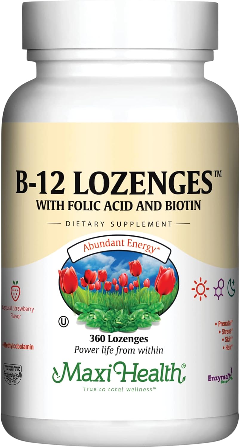 Maxi Health Vitamina B12 con Ácido Fólico y Biotina - 360 Comprimidos Sublinguales Sabor Fresa