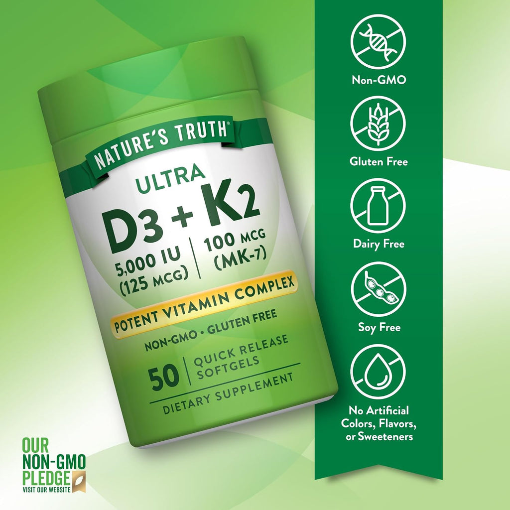 Complejo de Vitamina K2 MK7 con D3 | 100 mcg | 50 Cápsulas Blandas | Nature's Truth