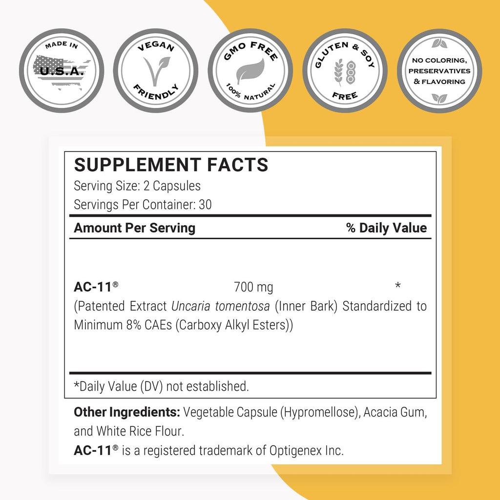 Supersmart AC-11 Suplemento 700mg al Día (Extracto de Uña de Gato) - Corteza de Uncaria Tomentosa | No Transgénico y Sin Gluten - 60 Cápsulas Vegetarianas