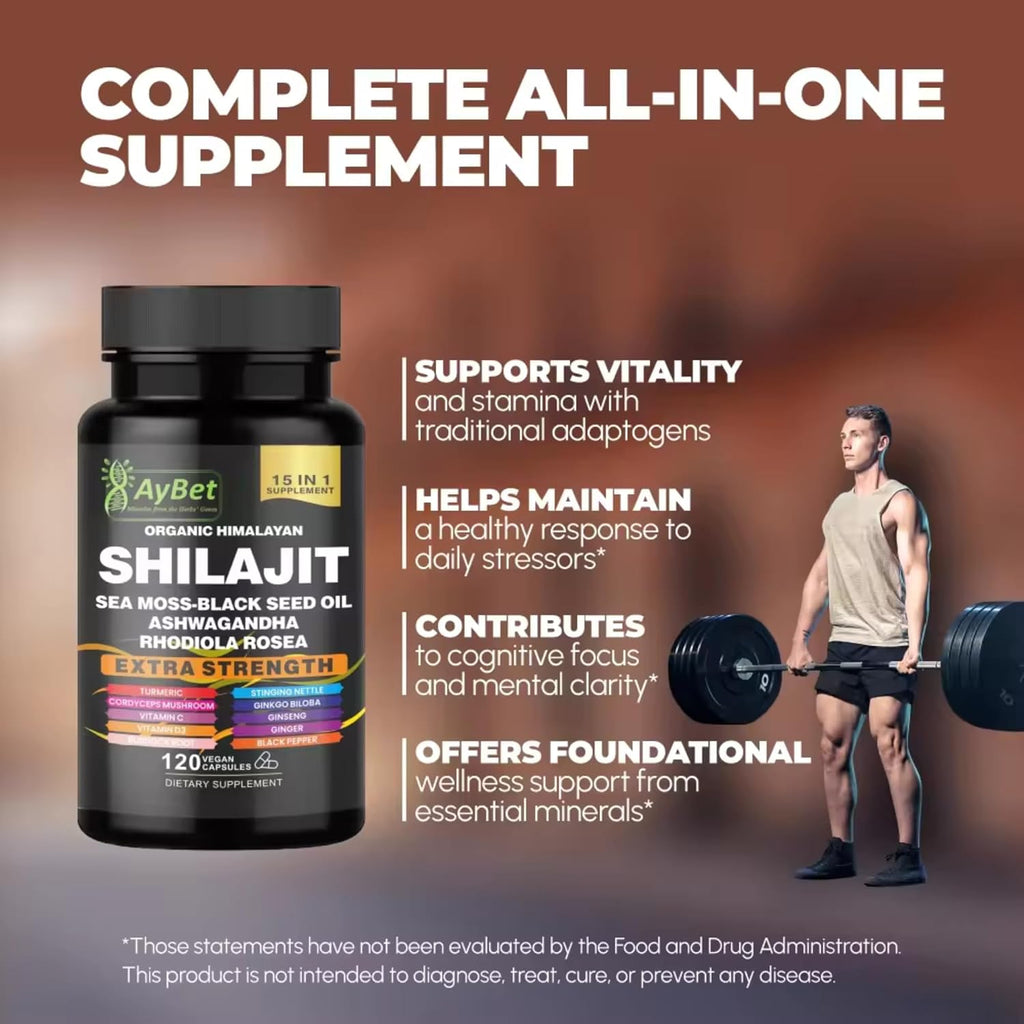 AyBet Shilajit Orgánico Himalayo - 15 Ingredientes - 120 Cápsulas