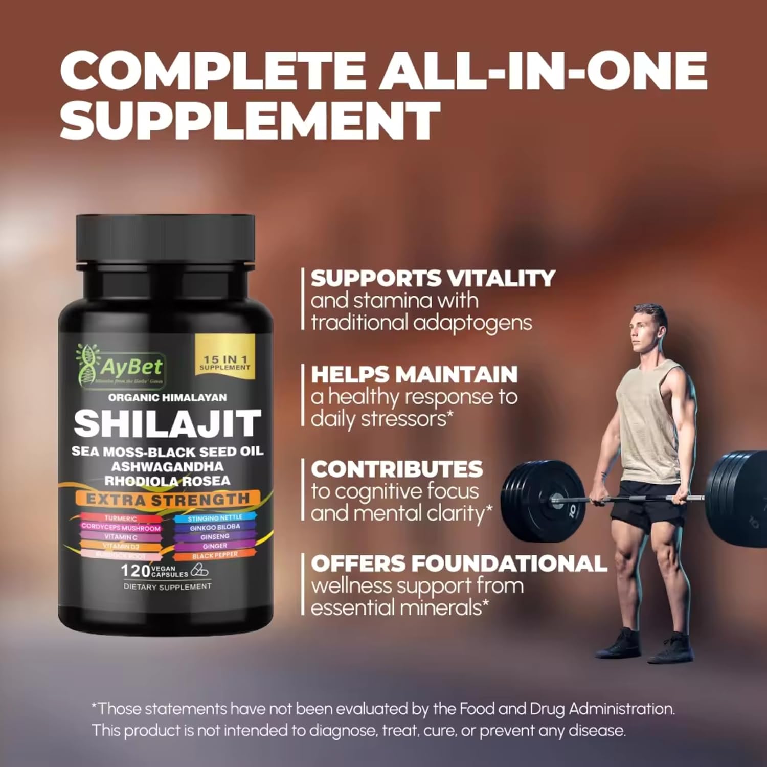 AyBet Shilajit Orgánico Himalayo - 15 Ingredientes - 120 Cápsulas