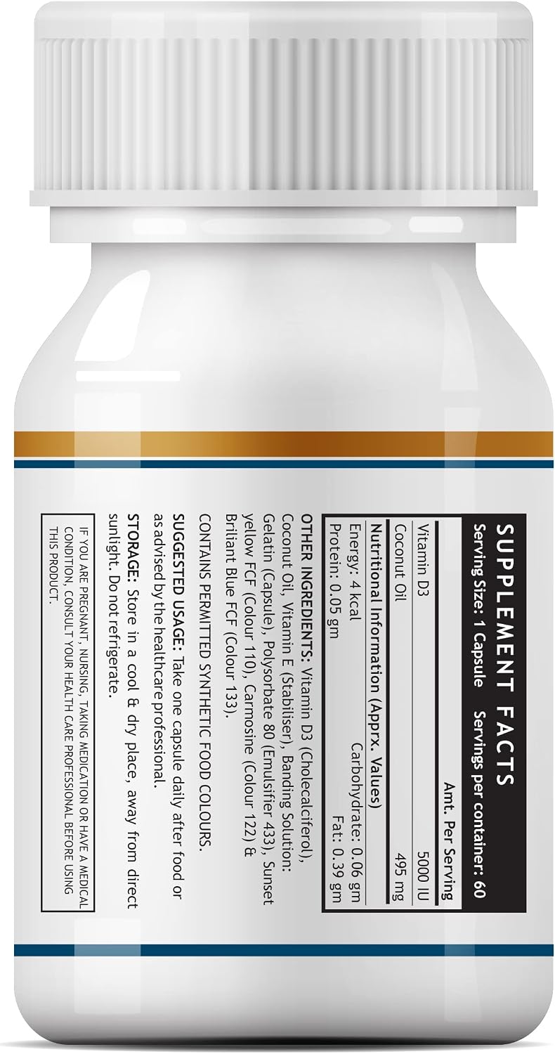 INLIFE Vitamina D3 5000 IU con Aceite de Coco Virgen Extra – 60 Cápsulas Blandas