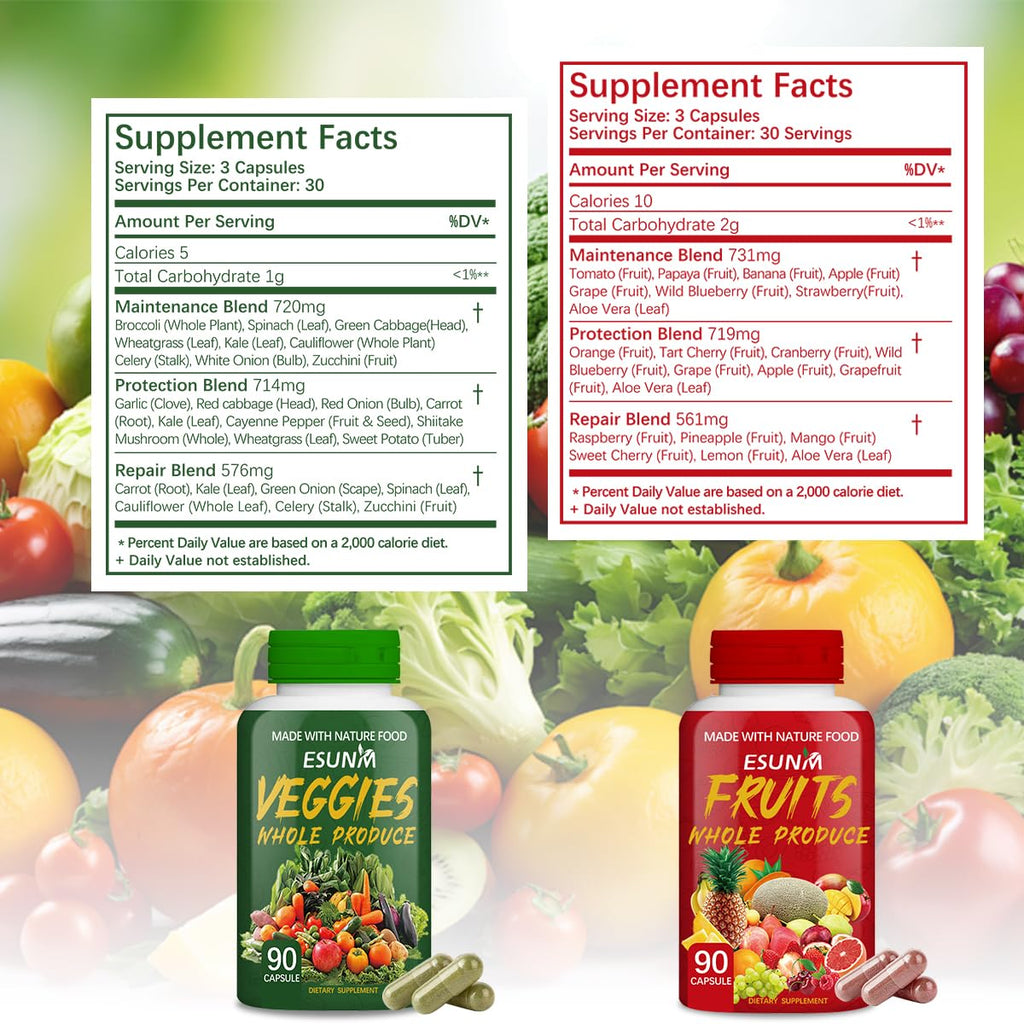 ESUNM Suplemento de Frutas y Verduras - 180 Cápsulas (90 Fruta + 90 Verdura)