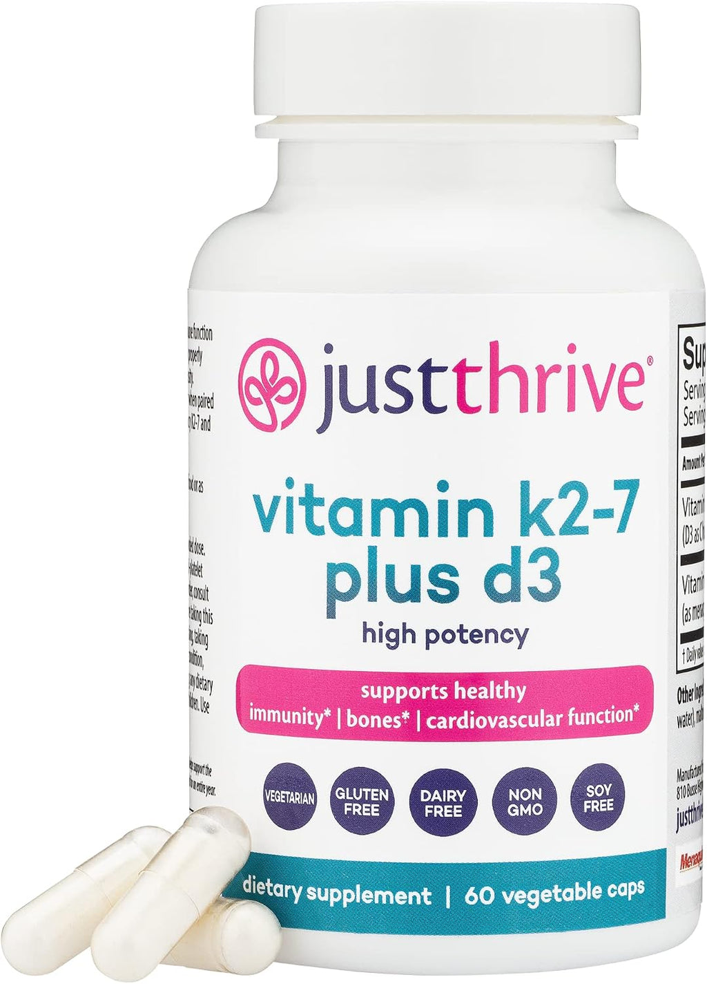 Just Thrive Vitamina K2 MK-7 Más D3 - Suplemento para la Inmunidad, Corazón y Huesos, 60 Cápsulas Vegetales
