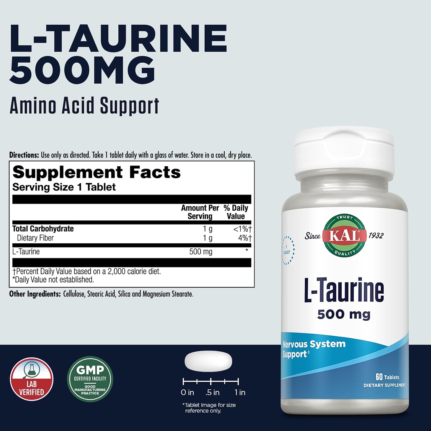 KAL L-Taurina 500mg, 60 Comprimidos