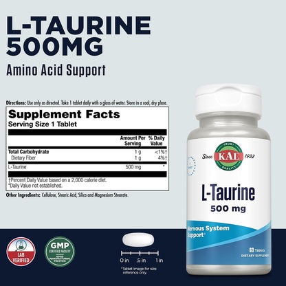 KAL L-Taurina 500mg, 60 Comprimidos – Función cardiovascular: Se ha observado que la taurina favorece la salud del – Image 2