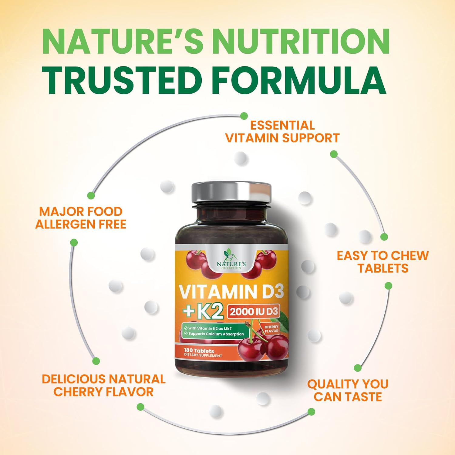 Vitamina D3 y K2 2000 UI MK-7, 180 comprimidos masticables sabor a bayas - Nature's Nutrition