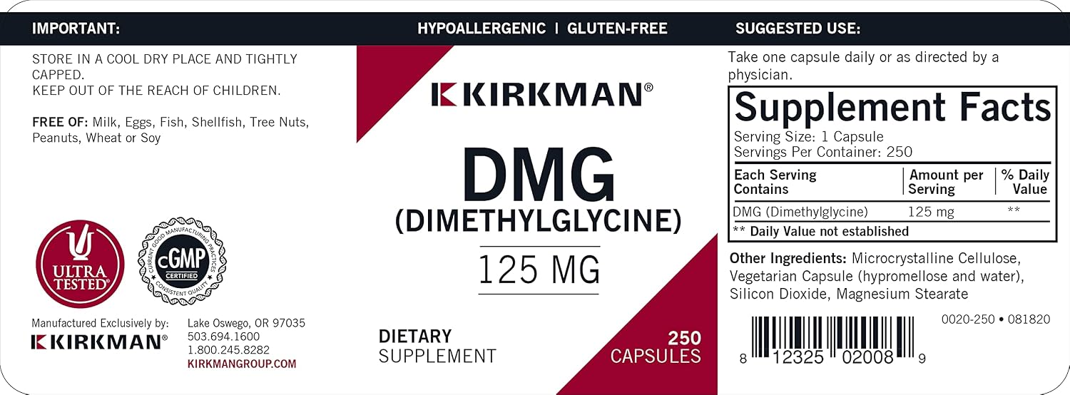Kirkman – DMG (Dimetilglicina) 125 mg – Hypoallergenic – 250 Vegetarian Capsules