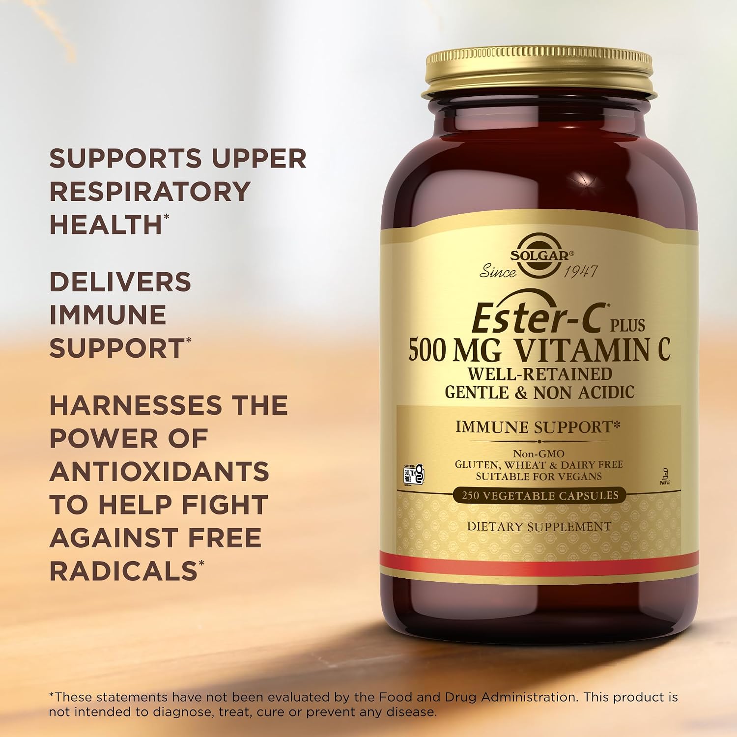 Solgar Ester-C Plus 500 mg Vitamina C (Complejo de Ascorbato) - 250 Cápsulas Vegetales - Suave y No Ácido - Apoyo Antioxidante e Inmunológico - No Transgénico, Vegano, Sin Gluten, Kosher - 250 Dosis