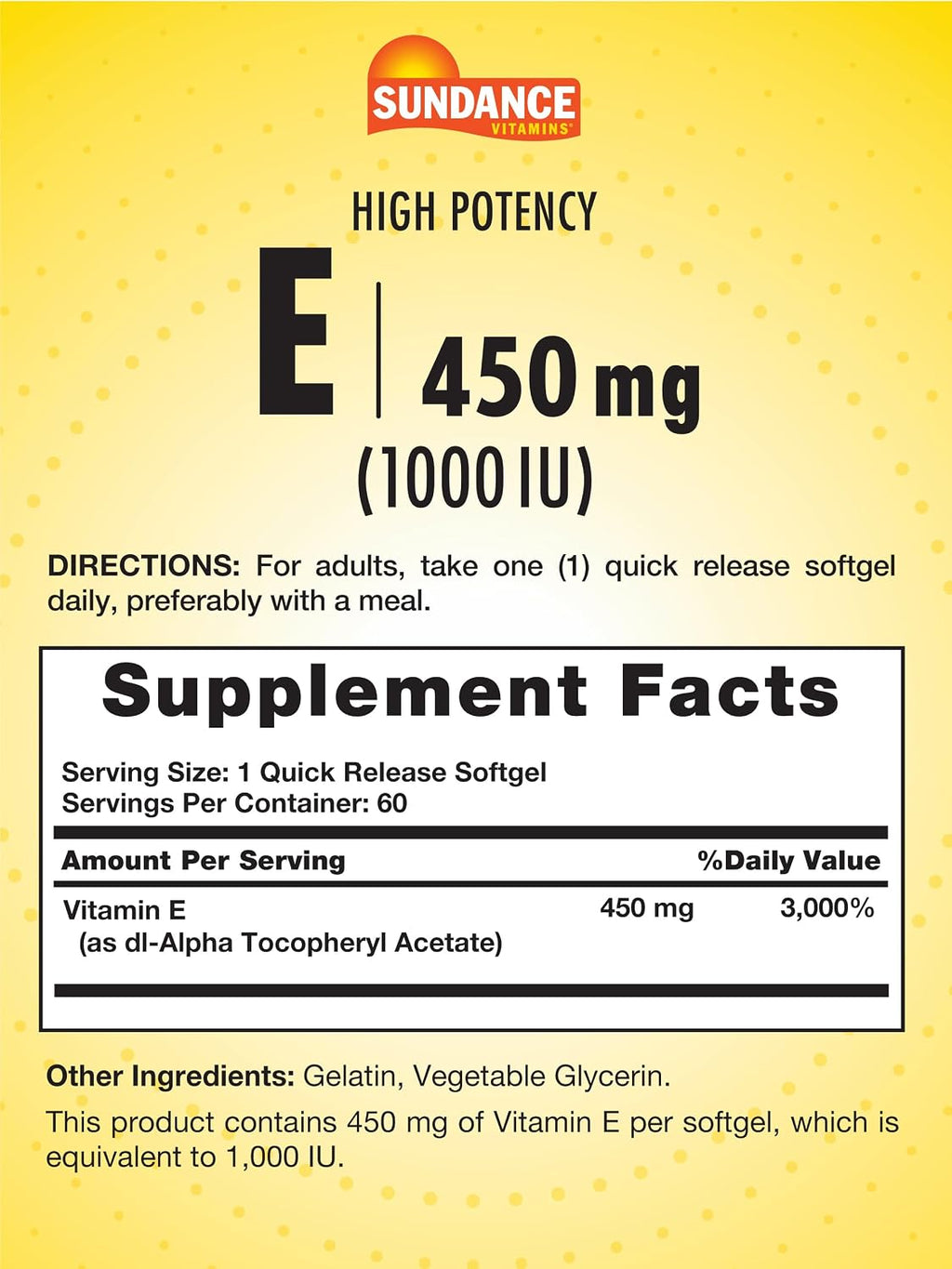 Sundance High Potency Vitamin E | 450mg (1000 IU) | 60 Softgels | Essential Vitamin Supplement | Non-GMO and Gluten Free Formula