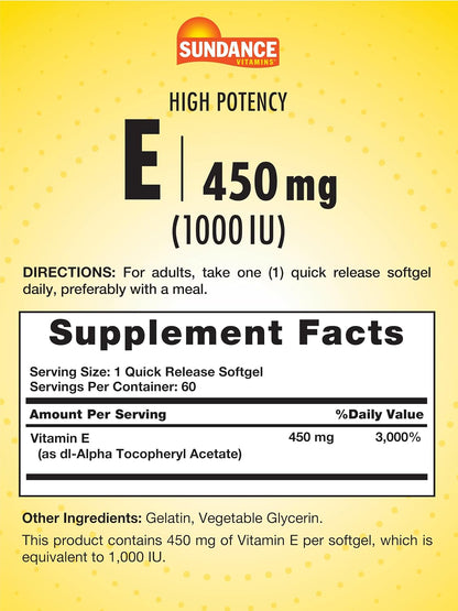 Sundance High Potency Vitamin E | 450mg (1000 IU) | 60 Softgels | Essential Vitamin Supplement | Non-GMO and Gluten Free – Image 2