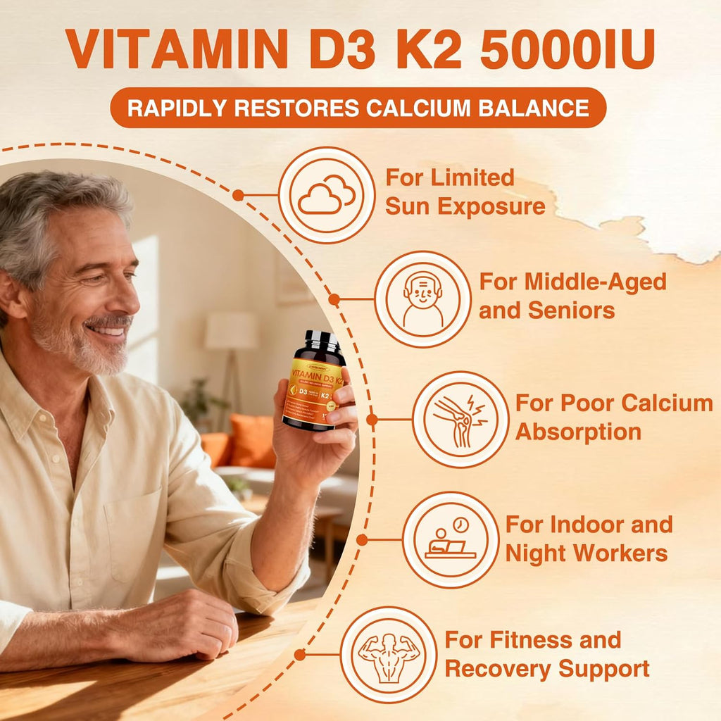ZEBORA Vitamina D3 K2 5000 UI, 6 en 1 con Magnesio, Calcio, Fósforo y Vitamina C, 120 Cápsulas