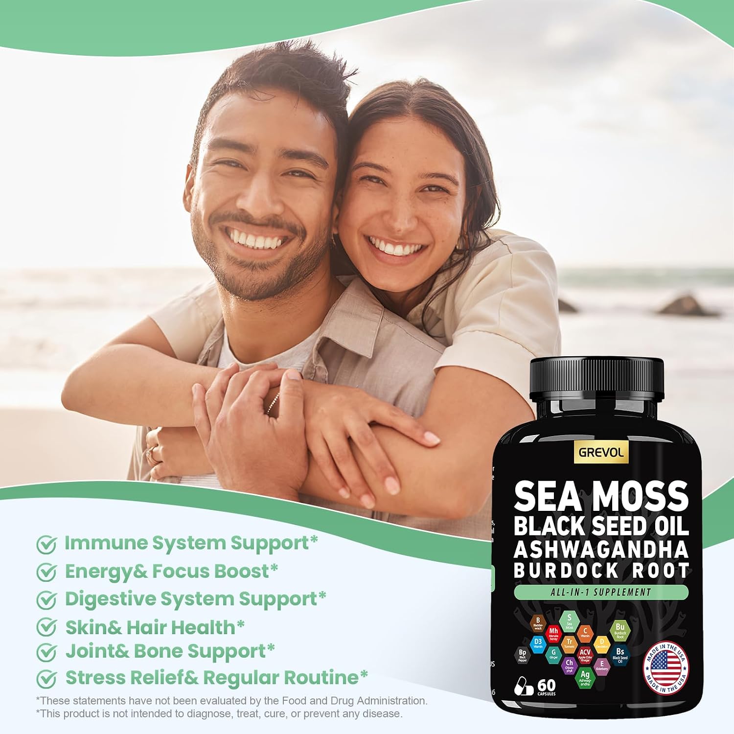 Grevol Complex Multimineral con Sea Moss, Ashwagandha y Vitaminas C y D3 – 60 Cápsulas