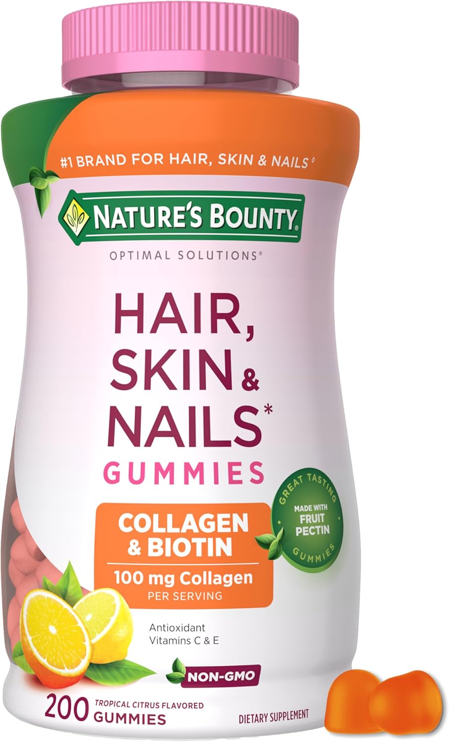 Nature's Bounty Optimal Solutions Hair, Skin and Nails Gominolas de Colágeno y Biotina, 2500 mcg de Biotina y 100 mg de Colágeno por ración, Sabor Cítrico Tropical, 200 uds.