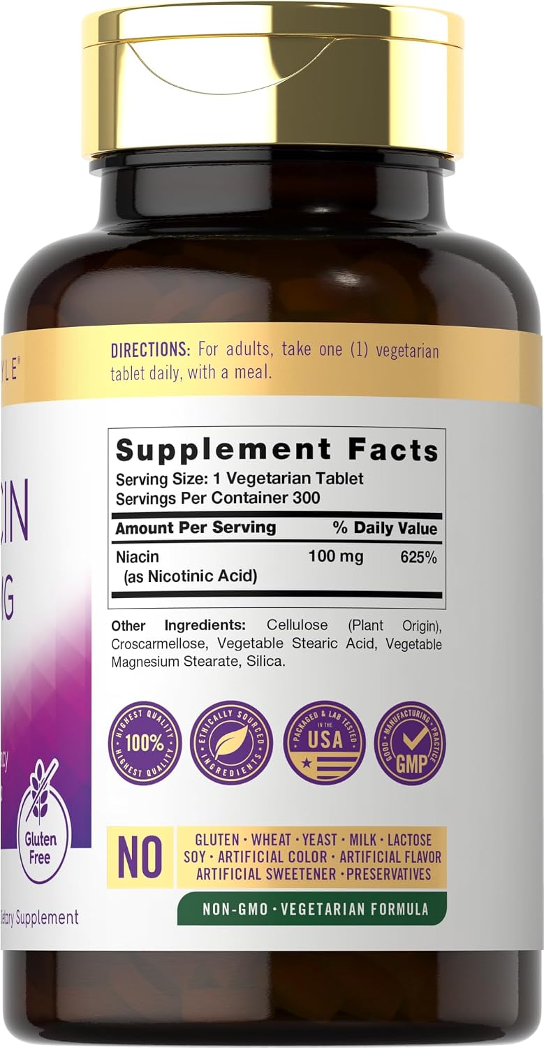 Carlyle Niacina 100mg | 300 Comprimidos Vegetarianos | Sin Gluten, No OGM | Alta Potencia