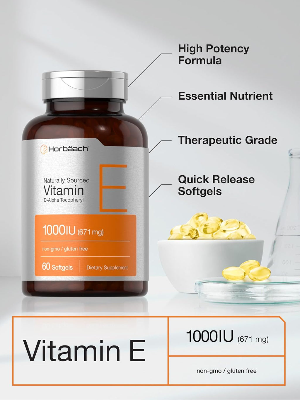 Horbaach Vitamina E 1000 UI (671 mg) - 60 Cápsulas Blandas