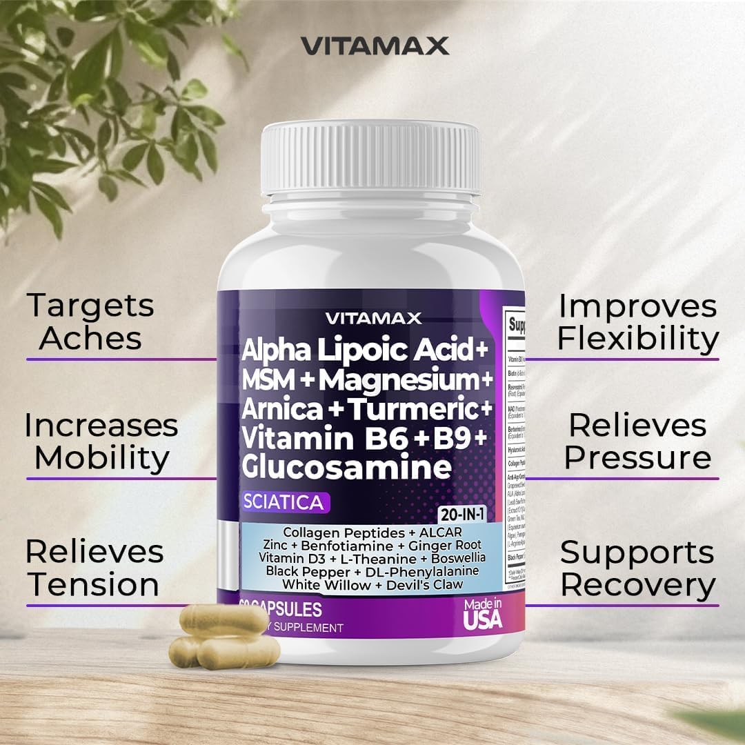 Nerve-Plus - Complemento para el nervio ciático con ácido fólico, guisante, glucosamina, MSM, complejo vitamínico B, ácido alfa lipoico 300 mg – 60 cápsulas